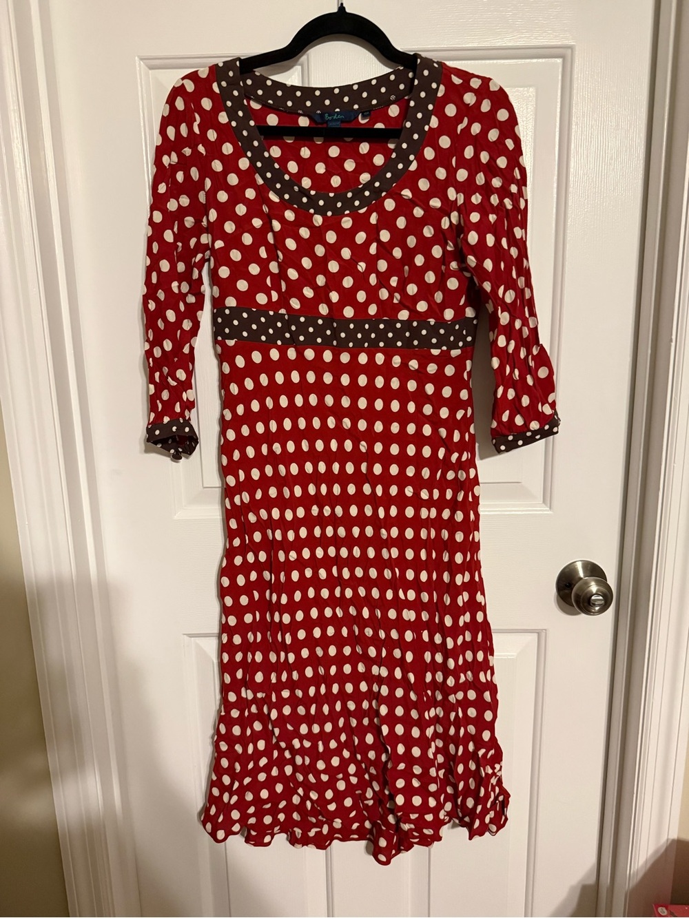 Boden Polka Dot Scoop Neck Midi Dress Red Brown Vintage Vibe Size 10R